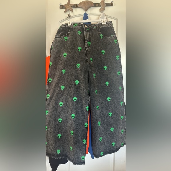 Dressed in LALA Denim - Dressed in LALA Black Flare Jeans with Green Alien Print